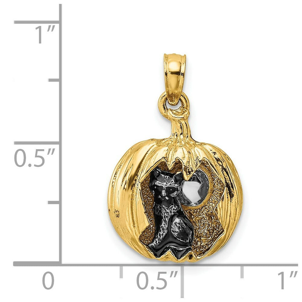 14k Yellow Gold and White Rhodium 3-D Jack-o-Lantern With Enameled Black Cat with Moon Charm Pendant