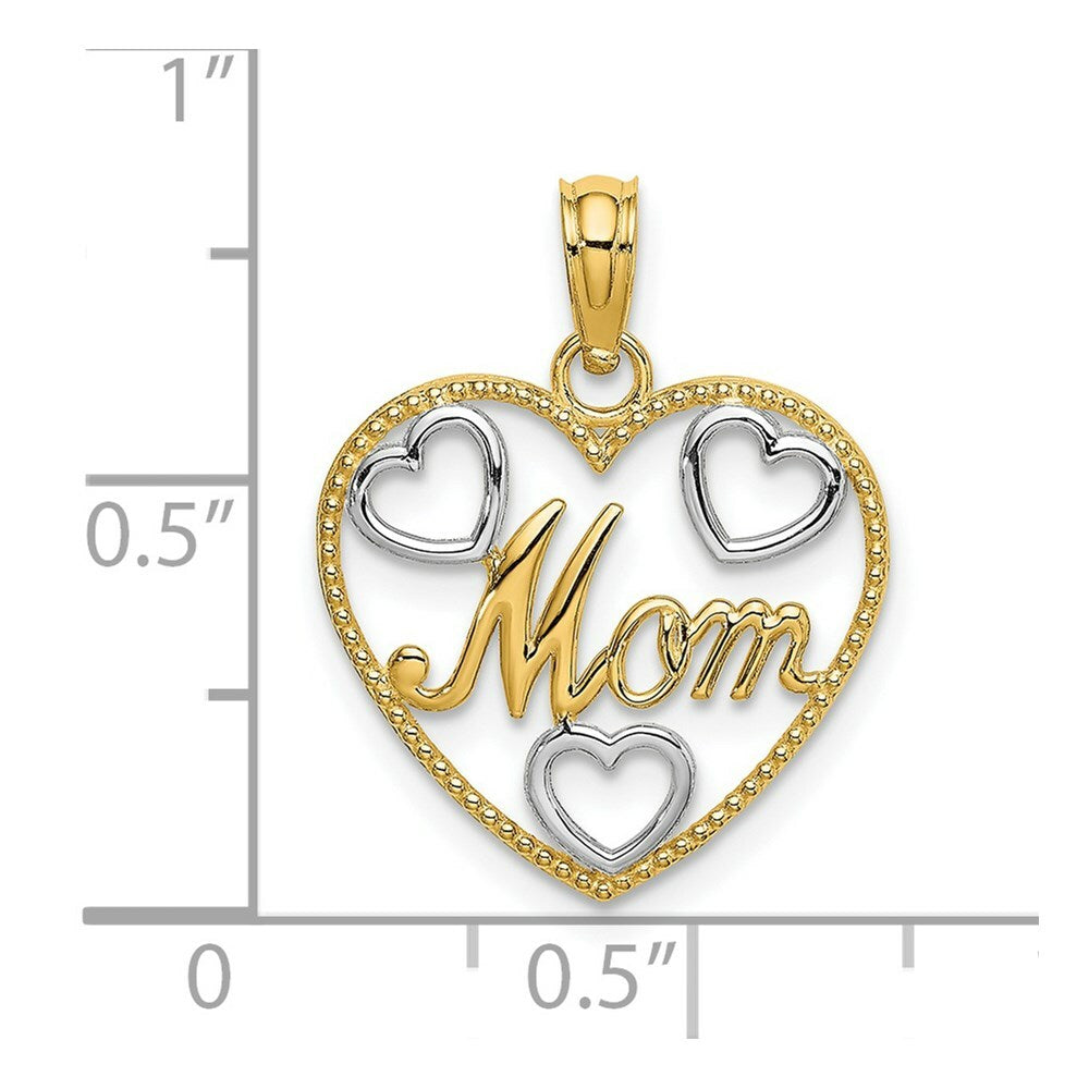 14K Yellow Gold with White Rhodium Hearts Beaded Mom Charm Pendant