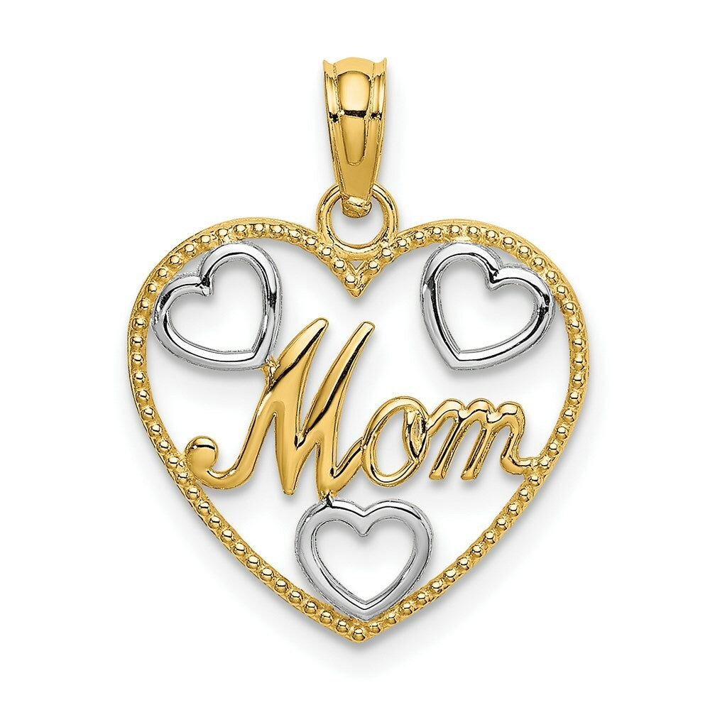 14K Yellow Gold with White Rhodium Hearts Beaded Mom Charm Pendant