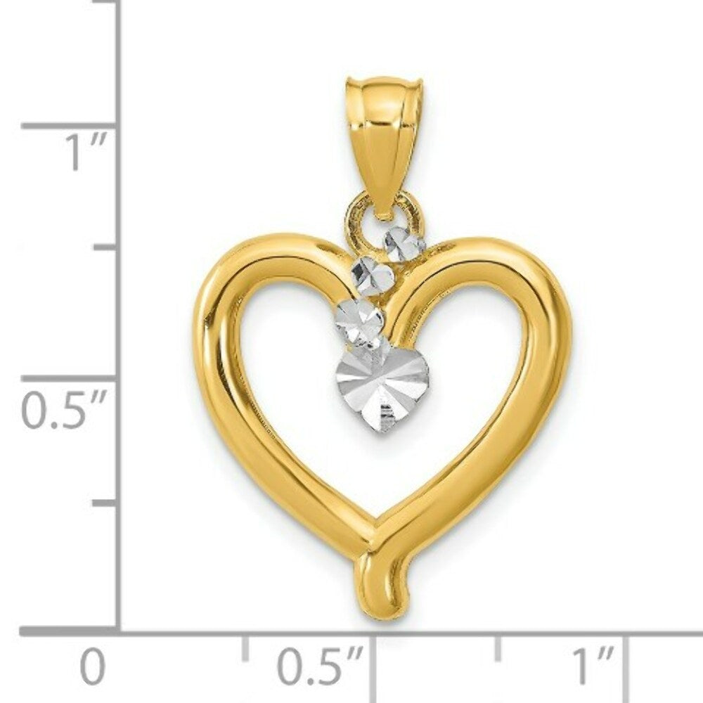 14K Yellow Gold with White Rhodium Diamond-cut Heart Charm Pendant