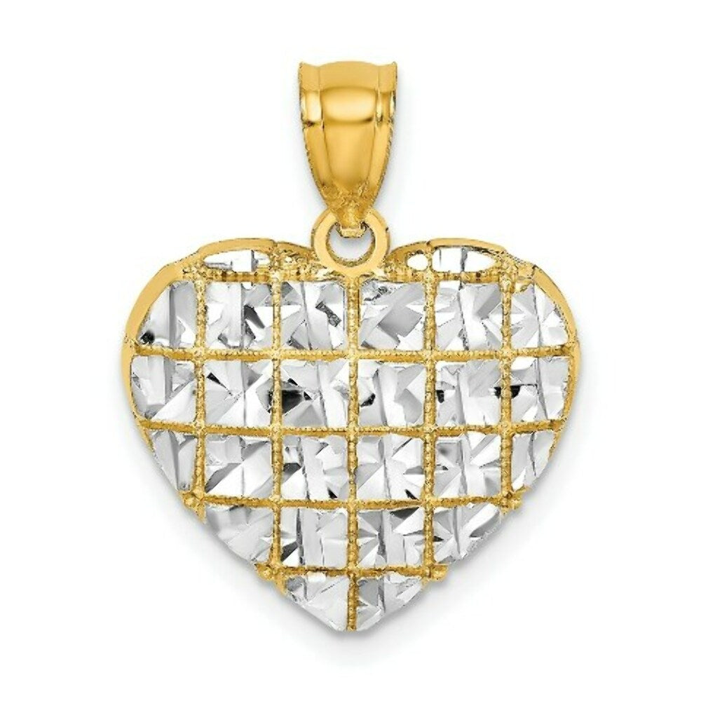 14K Yellow Gold with White Rhodium Diamond-cut Heart Charm Pendant