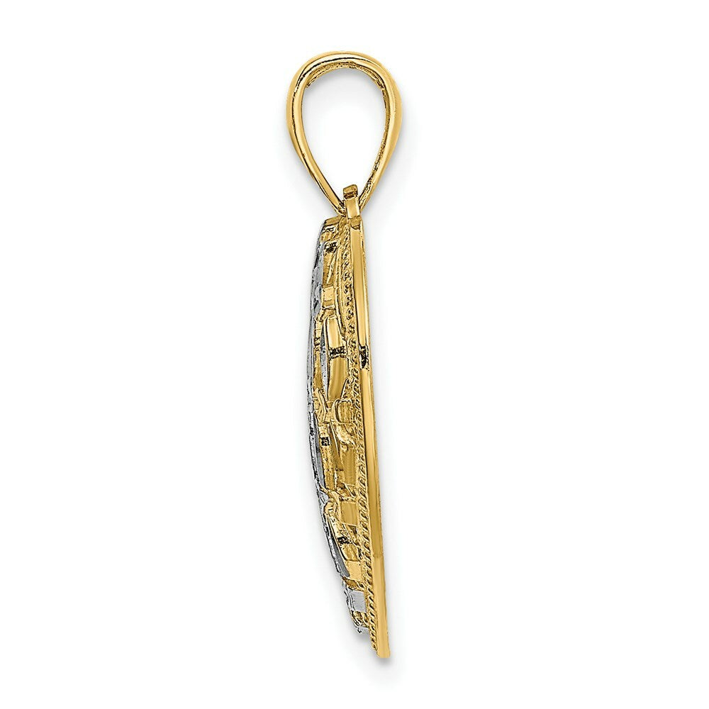 14K Yellow Gold with White Rhodium Diamond-cut Leaves In Heart Charm Pendant