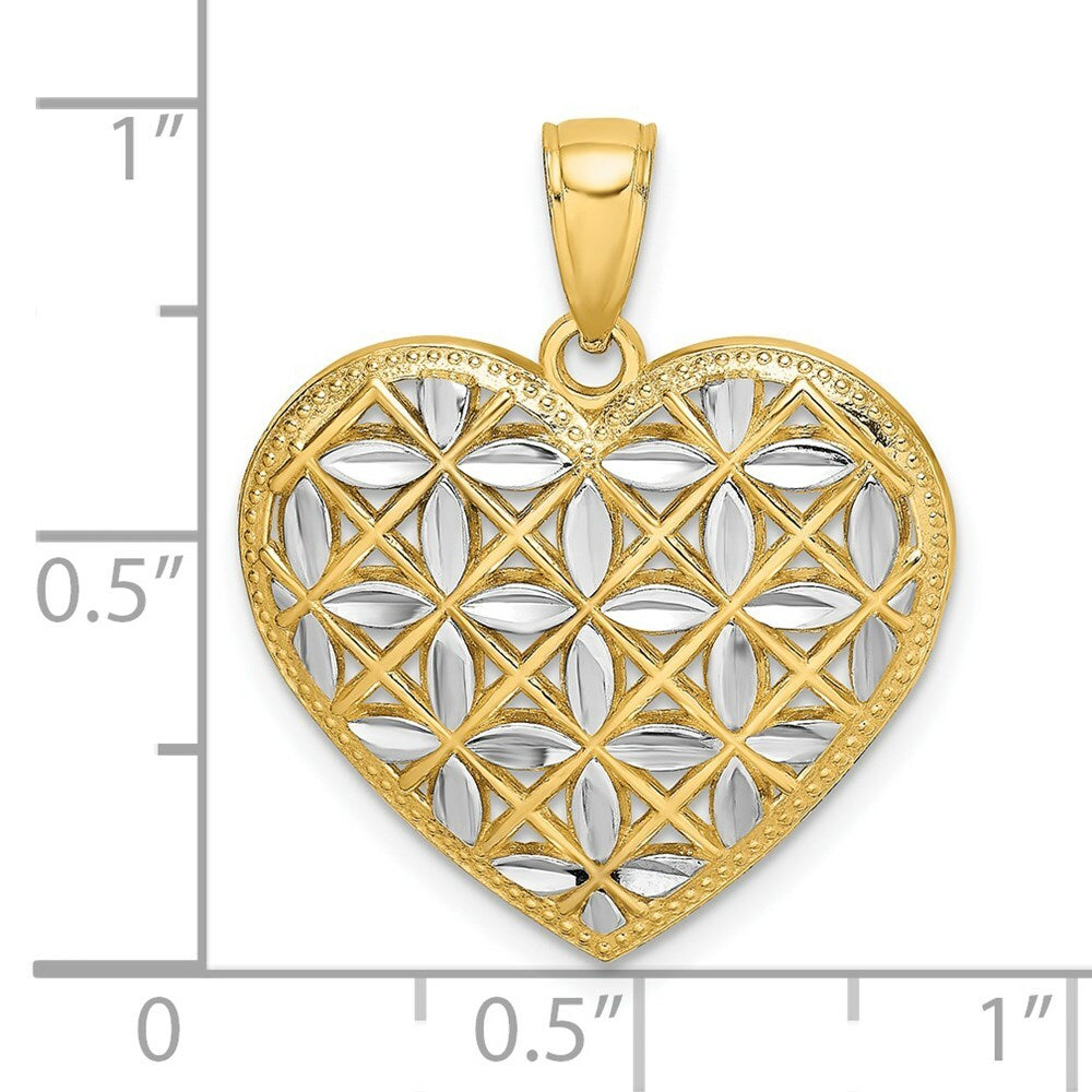 14K Yellow Gold with White Rhodium Diamond-cut Leaves In Heart Charm Pendant