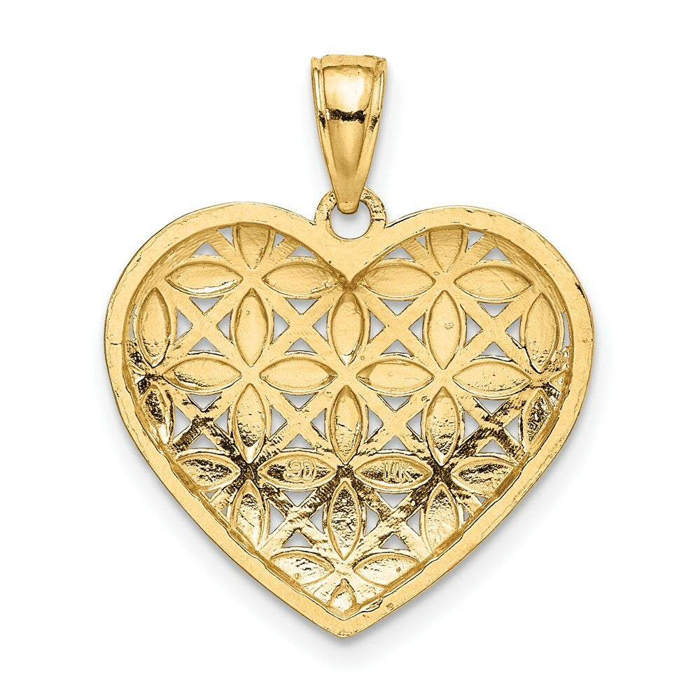 14K Yellow Gold with White Rhodium Diamond-cut Leaves In Heart Charm Pendant