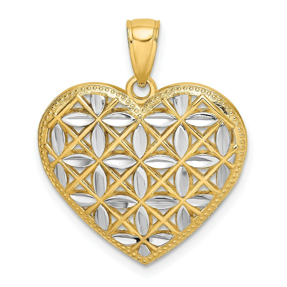 14K Yellow Gold with White Rhodium Diamond-cut Leaves In Heart Charm Pendant