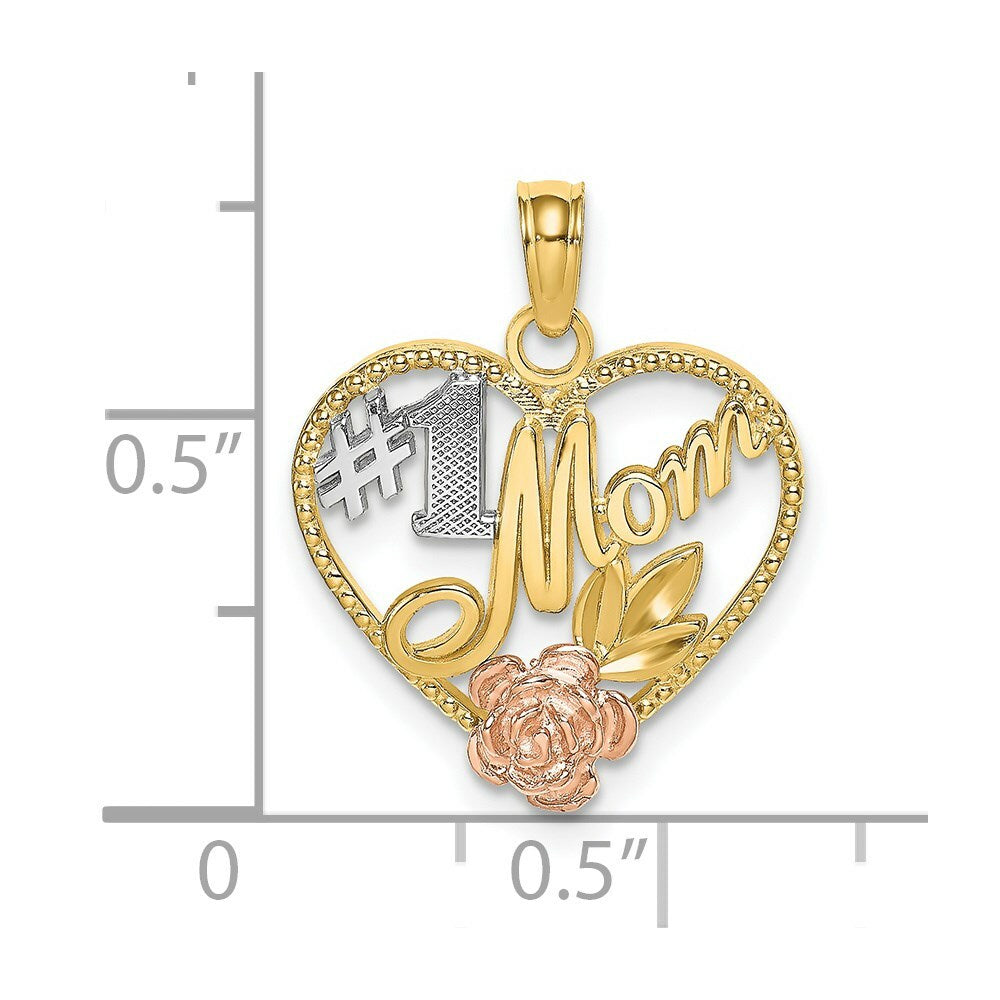 14K Tri-Color Gold Beaded heart With #1 Mom Charm Pendant