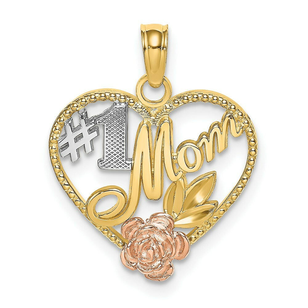 14K Tri-Color Gold Beaded heart With #1 Mom Charm Pendant