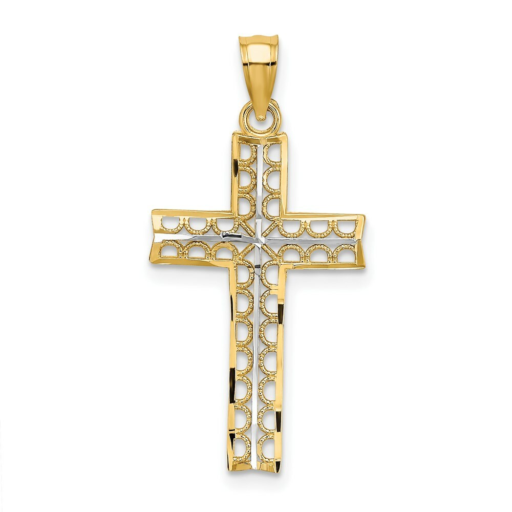 14K Yellow Gold with White Rhodium Cross Charm Pendant