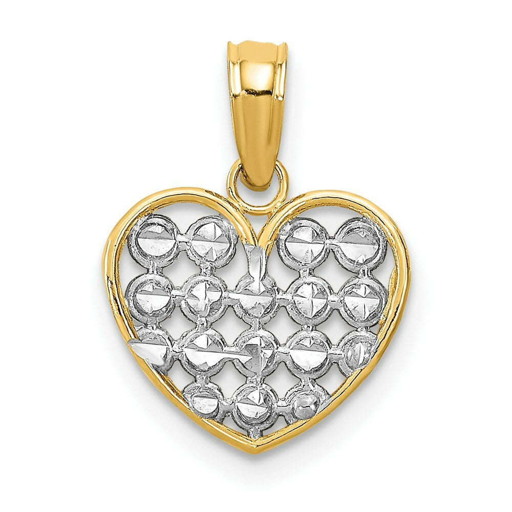 14K Yellow Gold with White Rhodium Diamond-cut Heart Charm Pendant
