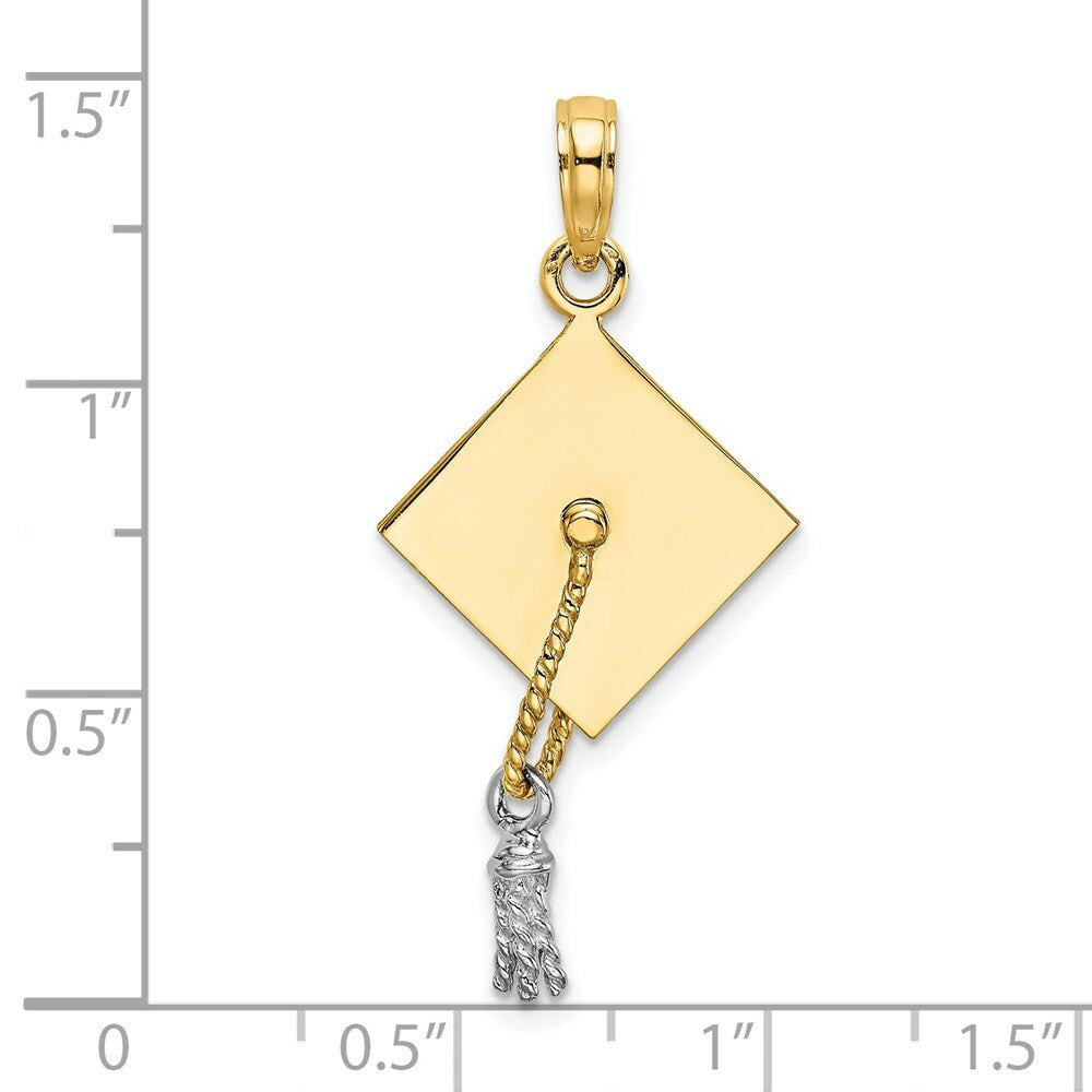 14K Two-tone Gold 3-D Graduation Cap With Moveable Tassle Charm Pendant