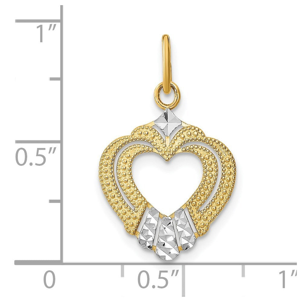 14K Yellow Gold with White Rhodium Diamond-cut with Textured Heart Charm Pendant