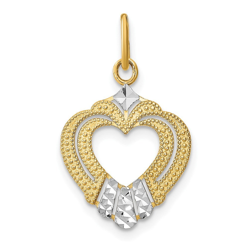 14K Yellow Gold with White Rhodium Diamond-cut with Textured Heart Charm Pendant