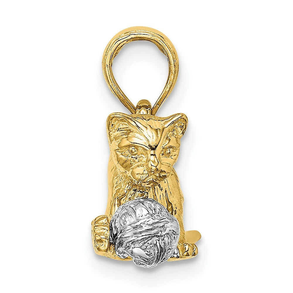 14K Two-tone Gold 3-D Cat Playing Moveable Ball Charm Pendant