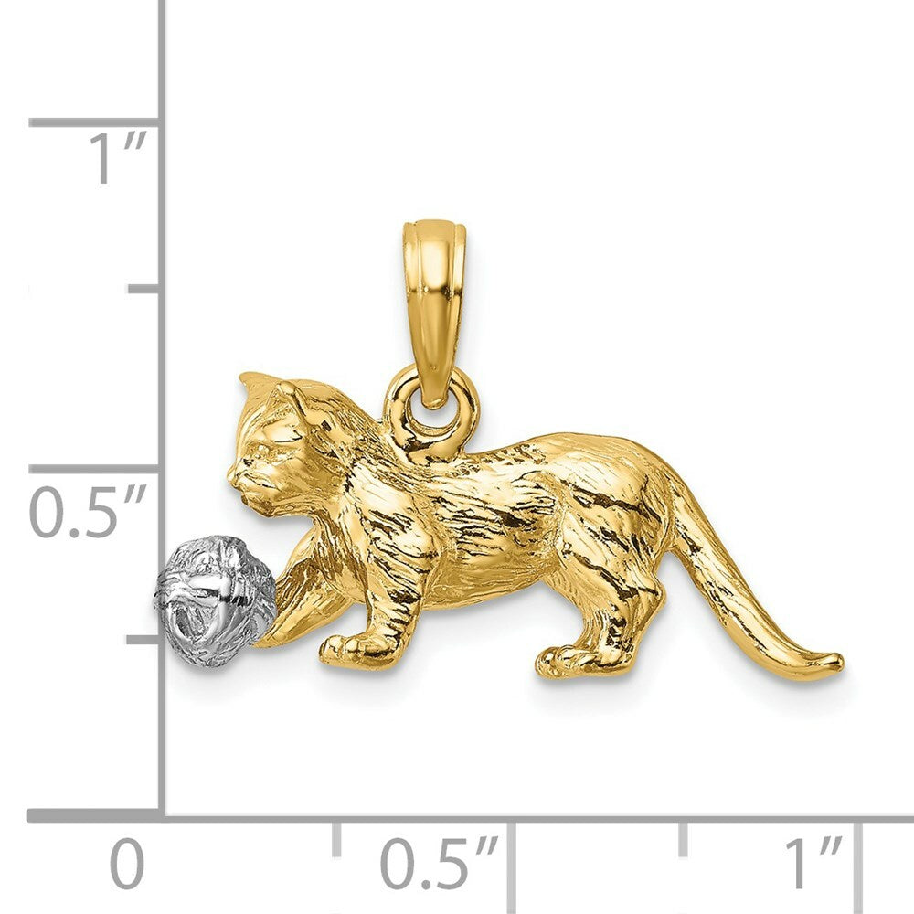 14K Two-tone Gold 3-D Cat Playing Moveable Ball Charm Pendant