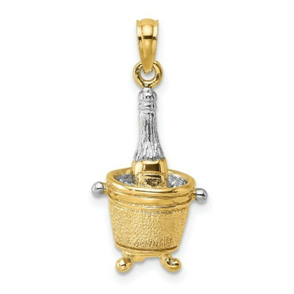 14K Yellow Gold with White Rhodium 3-D Champagne Bottle In Ice Bucket Charm Pendant