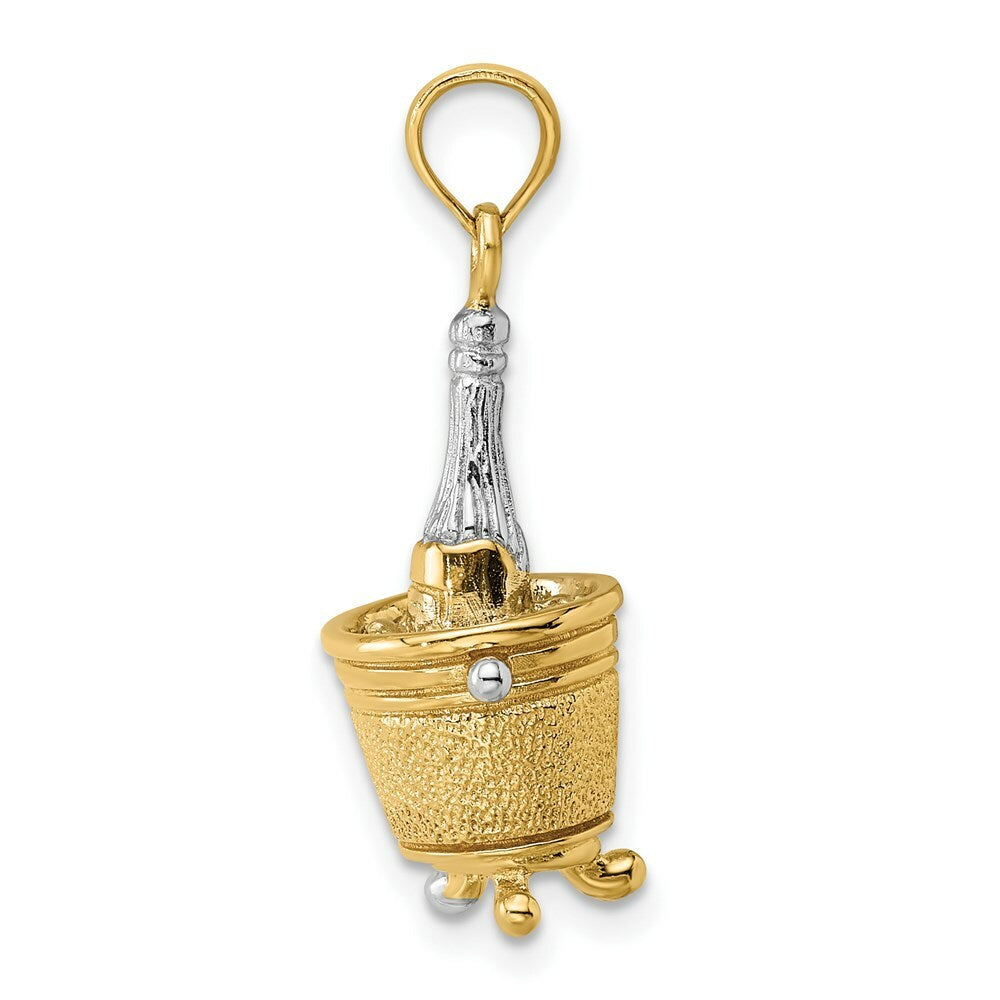 14K Yellow Gold with White Rhodium 3-D Champagne Bottle In Ice Bucket Charm Pendant