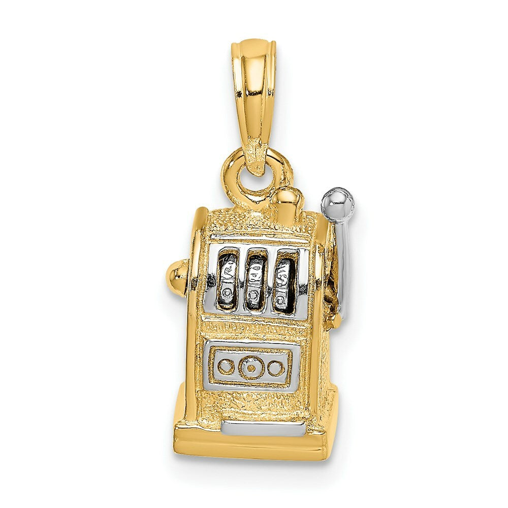 14k Yellow Gold and White Rhodium 3-D SLOT MACHINE / MOVEABLE HANDLE Charm Pendant
