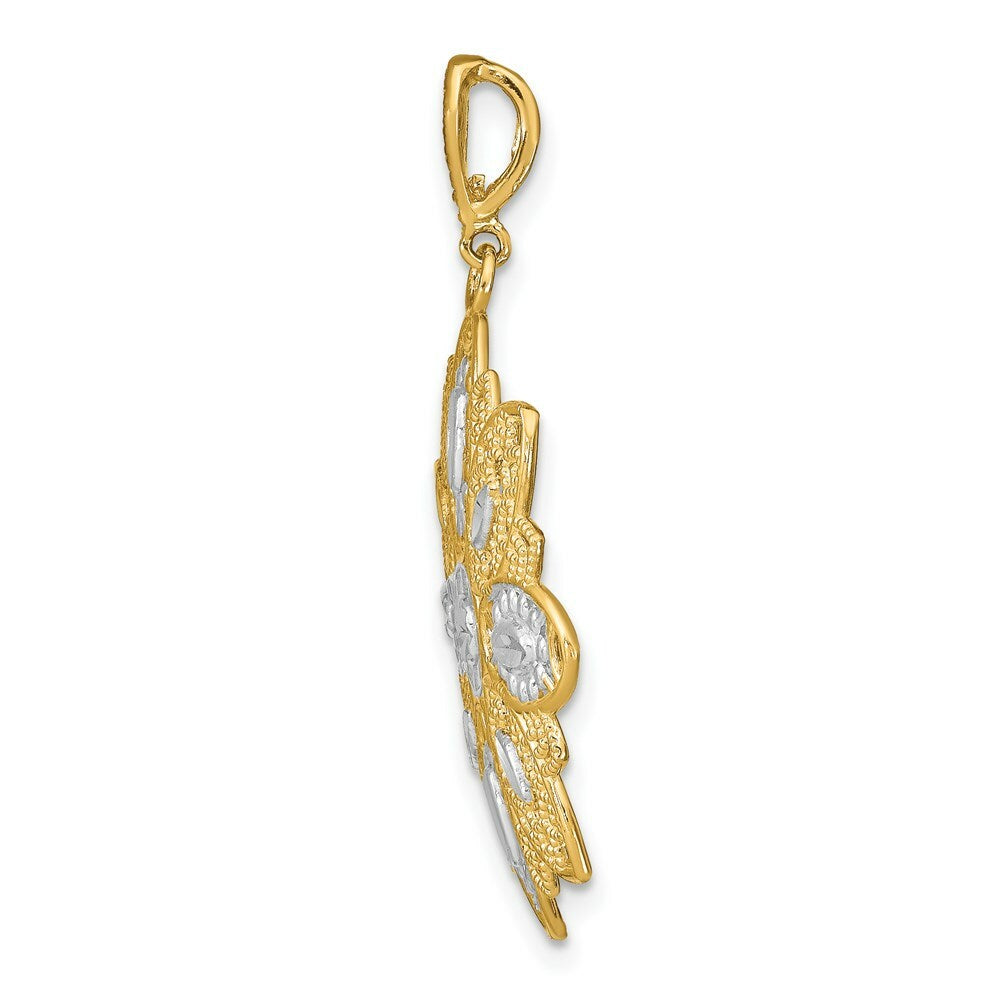 14K Yellow Gold with White Rhodium Diamond-cut with Filigree Flower Charm Pendant