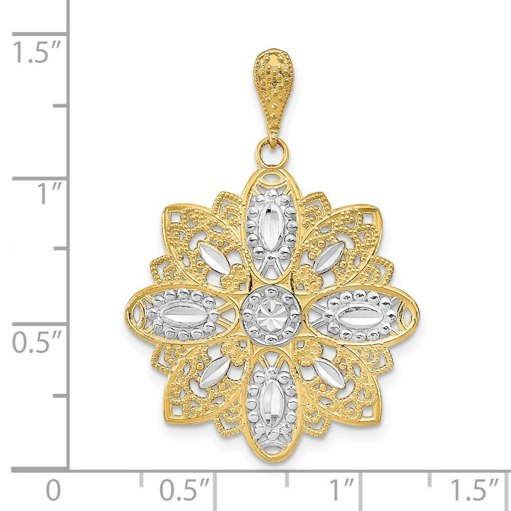 14K Yellow Gold with White Rhodium Diamond-cut with Filigree Flower Charm Pendant