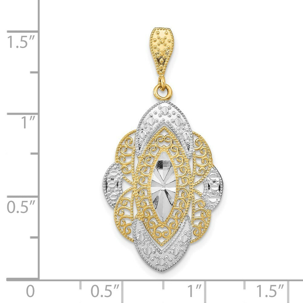 14K Yellow Gold with White Rhodium Diamond-cut Filigree Oval Charm Pendant