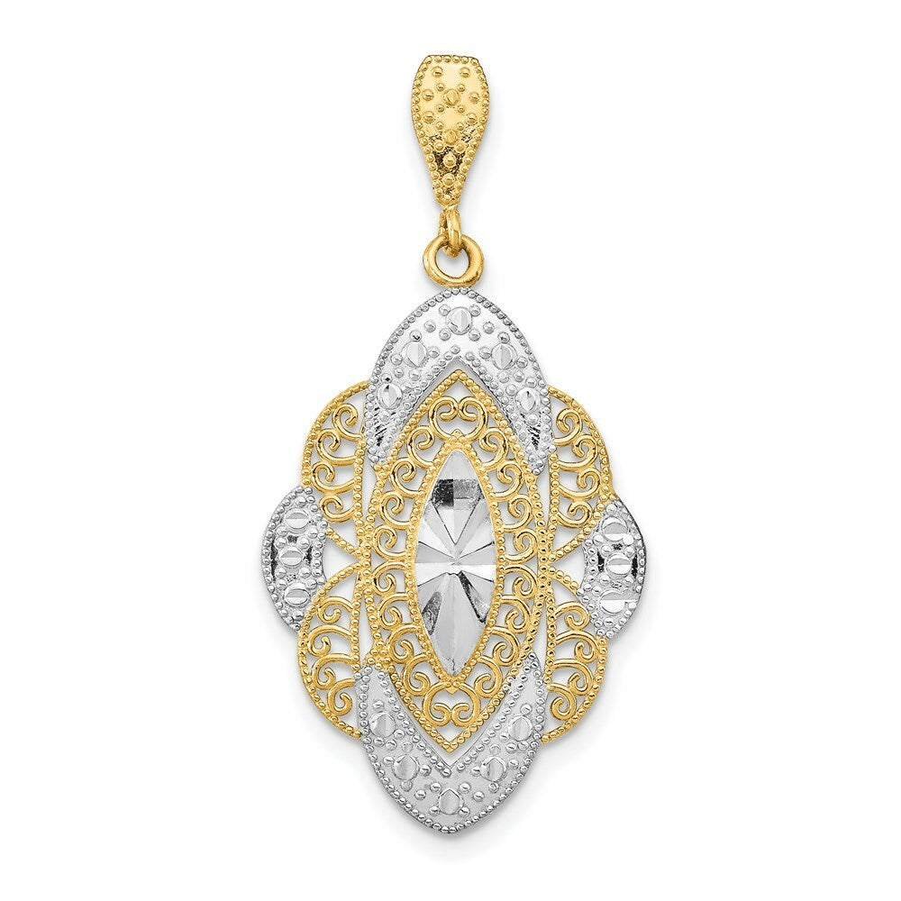 14K Yellow Gold with White Rhodium Diamond-cut Filigree Oval Charm Pendant