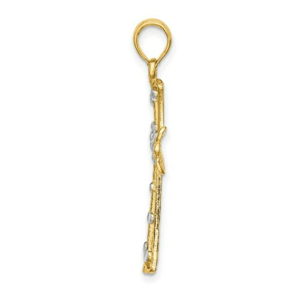 14K Yellow Gold with White Rhodium and Diamond-cut Cross Charm Pendant