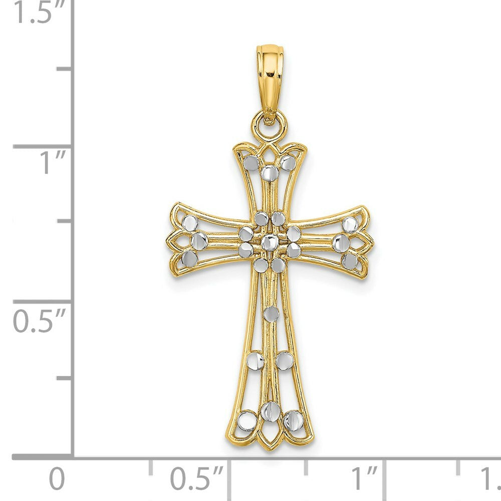 14K Yellow Gold with White Rhodium and Diamond-cut Cross Charm Pendant
