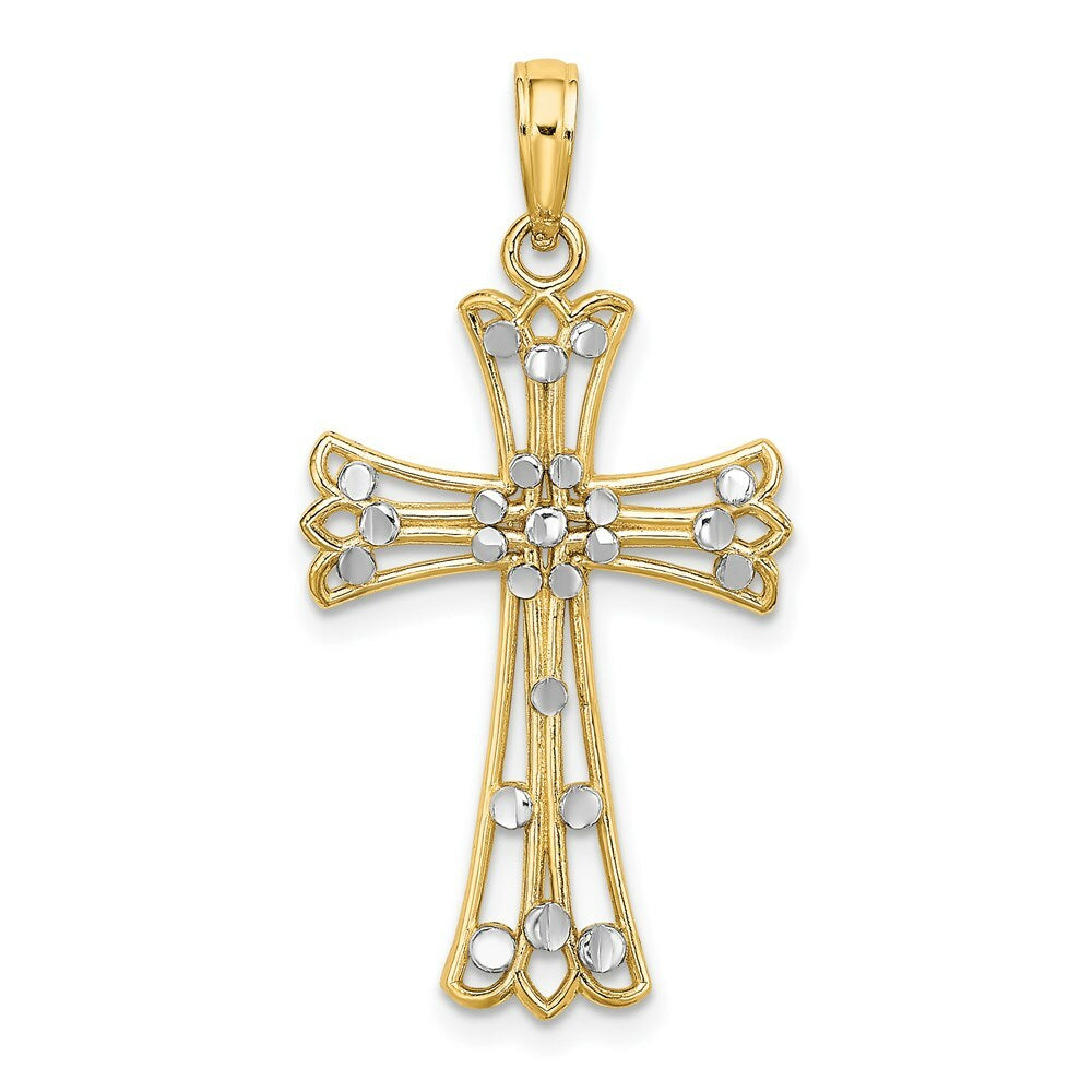 14K Yellow Gold with White Rhodium and Diamond-cut Cross Charm Pendant