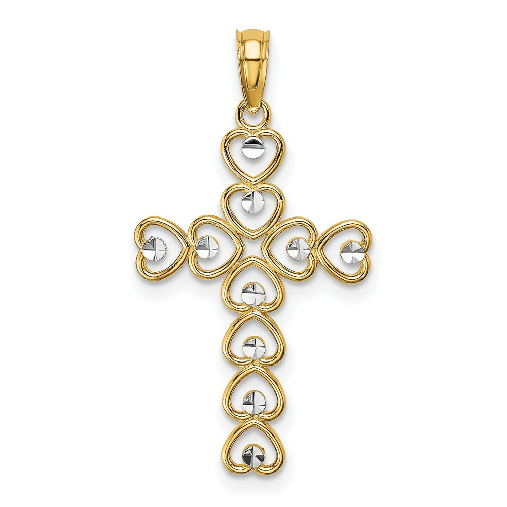 14K Yellow Gold with White Rhodium Diamond-cut Heart Cross Charm Pendant