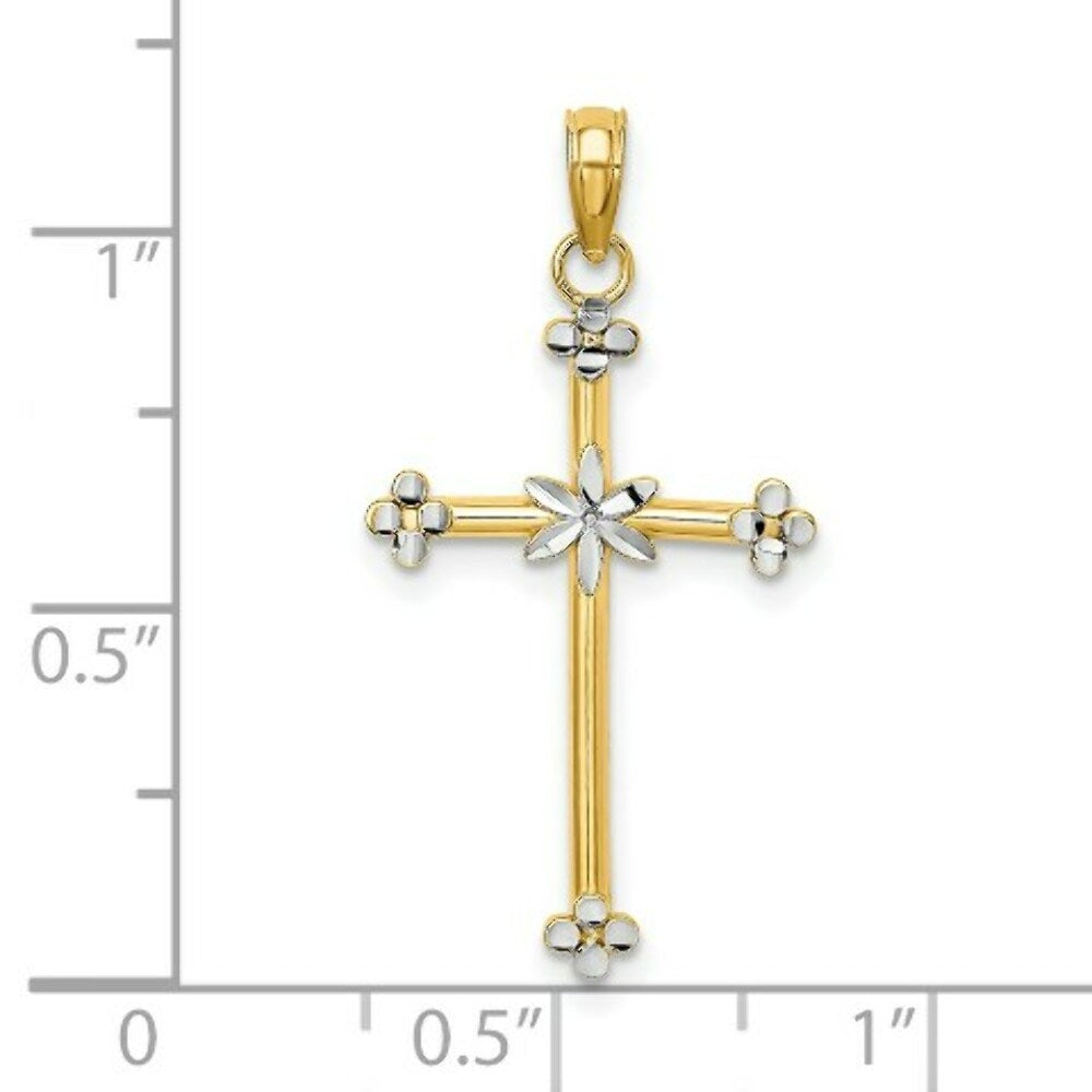 14K Yellow Gold with White Rhodium Thin Diamond-cut Cross Charm Pendant