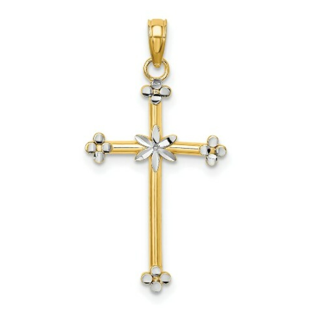 14K Yellow Gold with White Rhodium Thin Diamond-cut Cross Charm Pendant