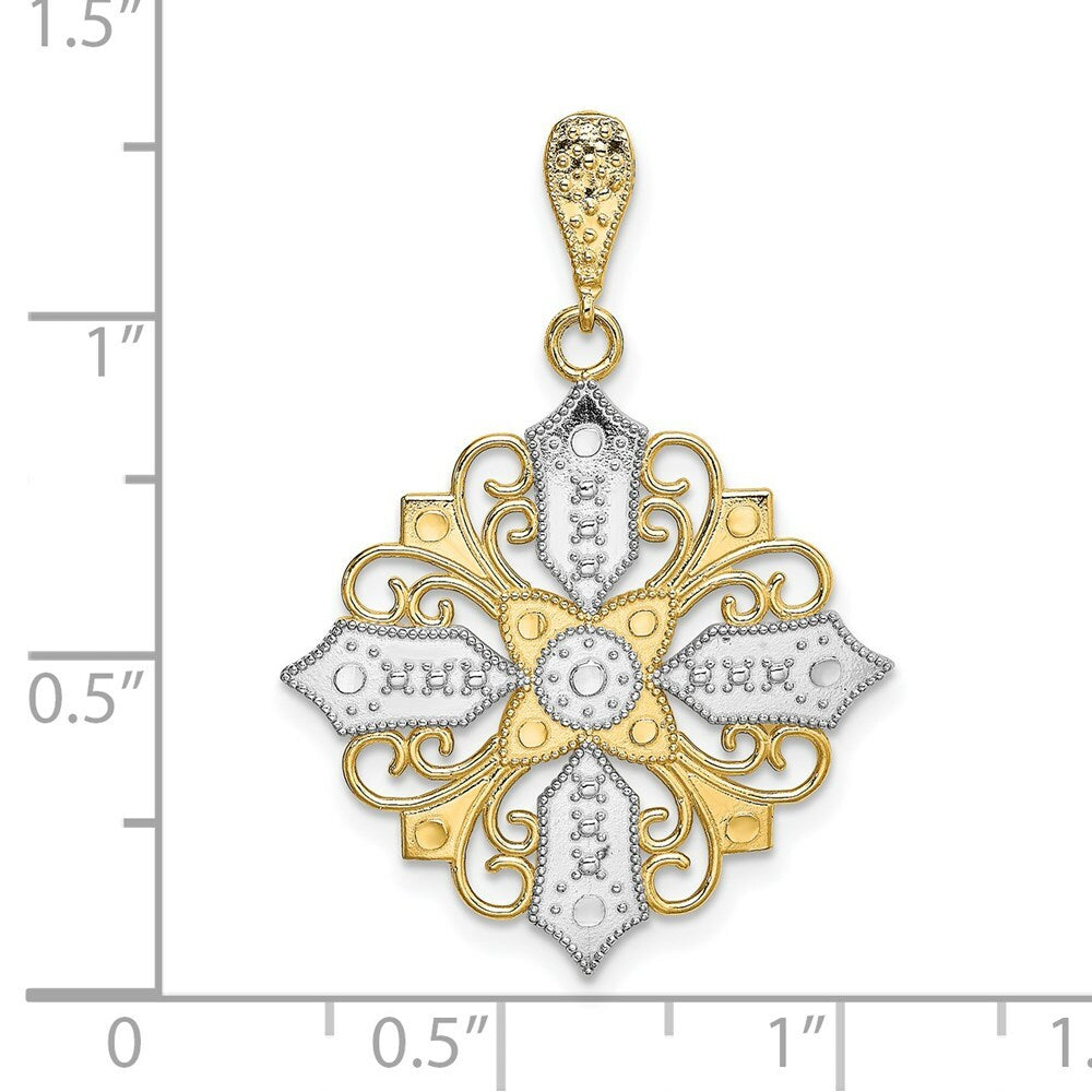 14K Yellow Gold with White Rhodium Cut-out Cross Medallion Charm Pendant