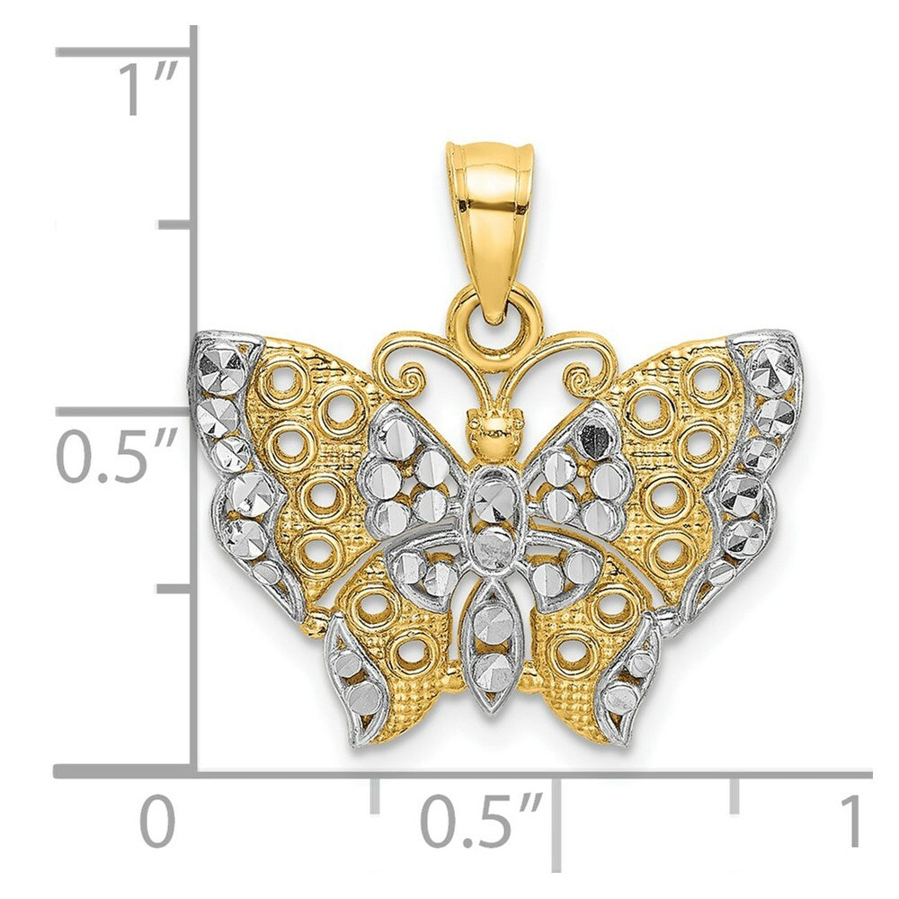 14k Yellow Gold and White Rhodium Diamond-cut Butterfly With Yellow Gold and White Edge - Cut-Out Wings