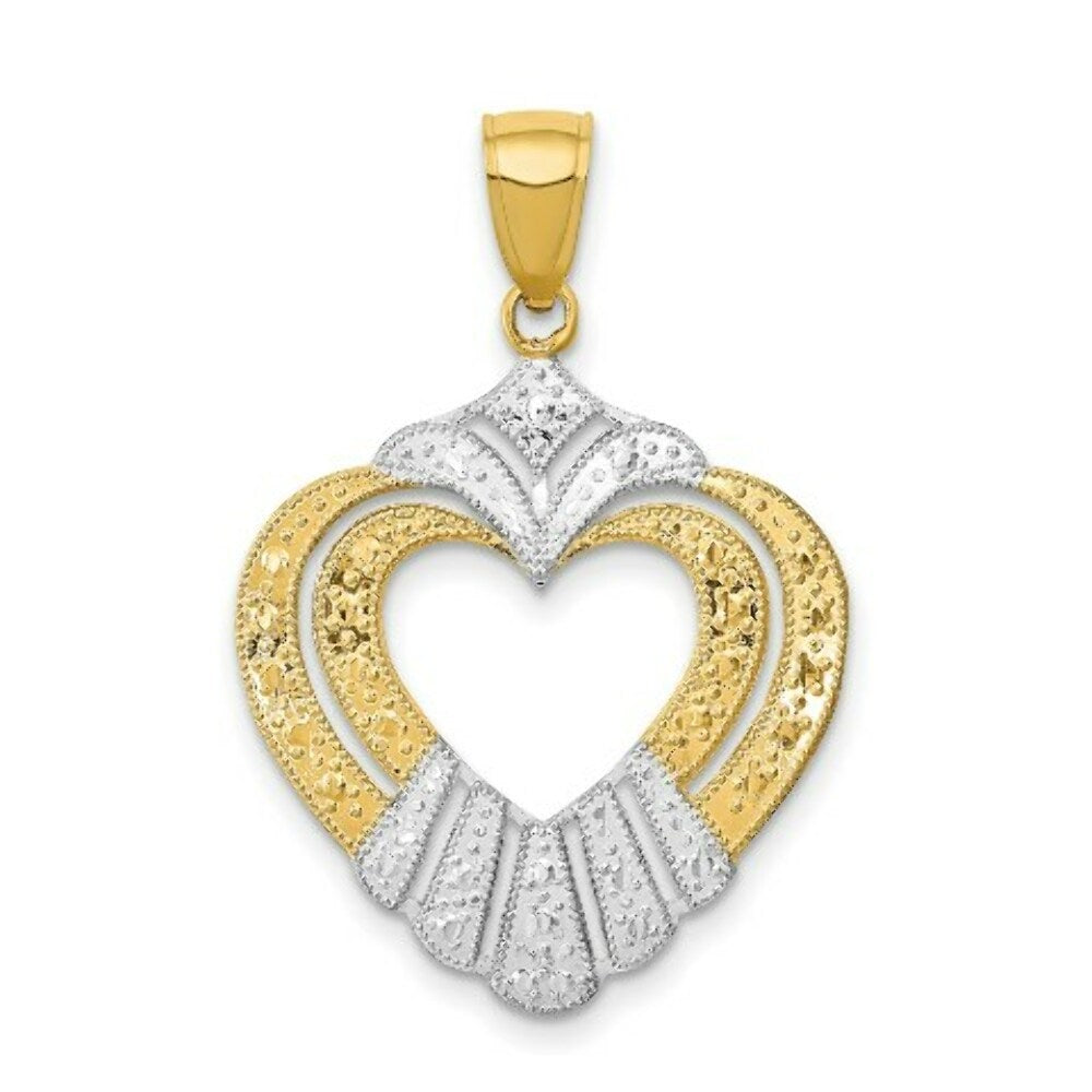 14K Yellow Gold with White Rhodium Cut-Out Heart Charm Pendant