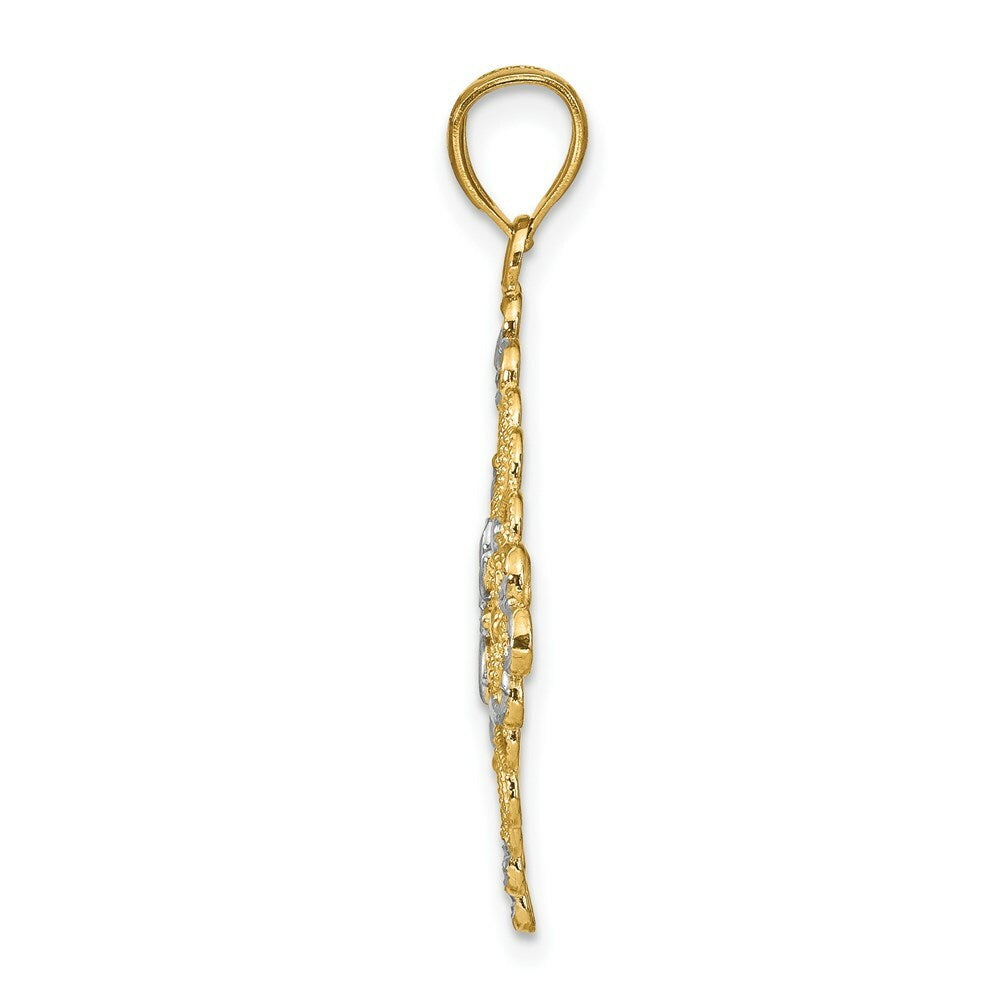 14K Yellow Gold with White Rhodium Diamond-cut Filigree Medallion Charm Pendant