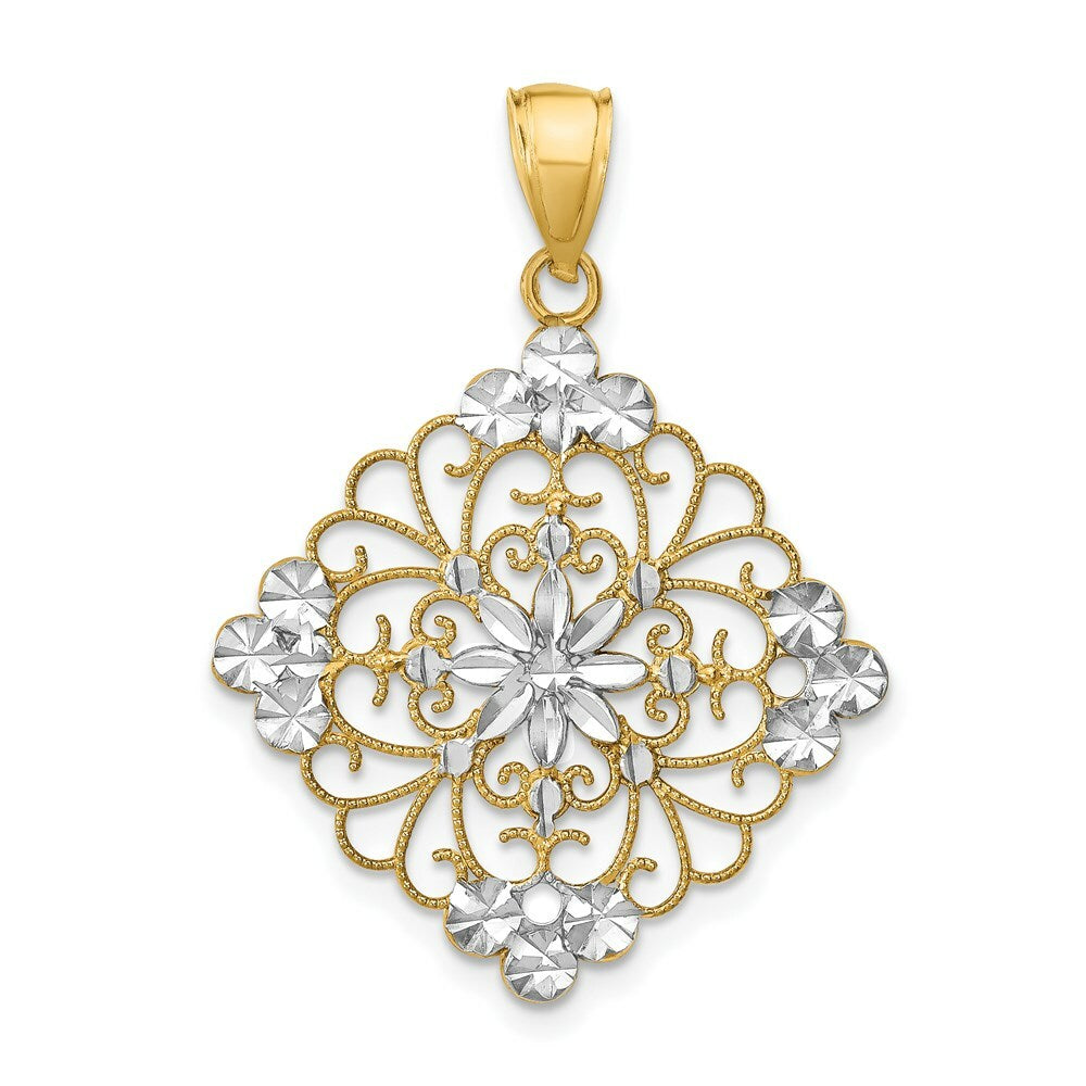 14K Yellow Gold with White Rhodium Diamond-cut Filigree Medallion Charm Pendant
