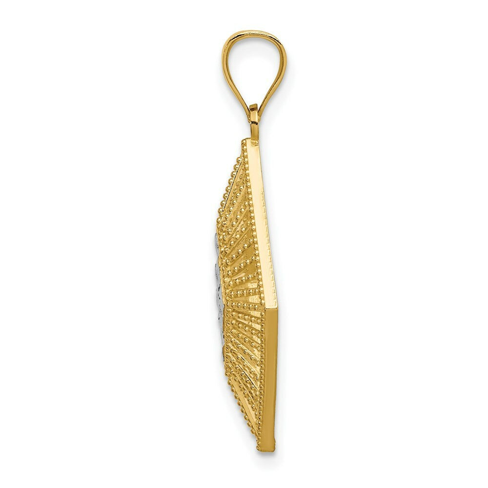 14K Yellow Gold with White Rhodium Diamond-cut Marque Diamond Shape Charm Pendant