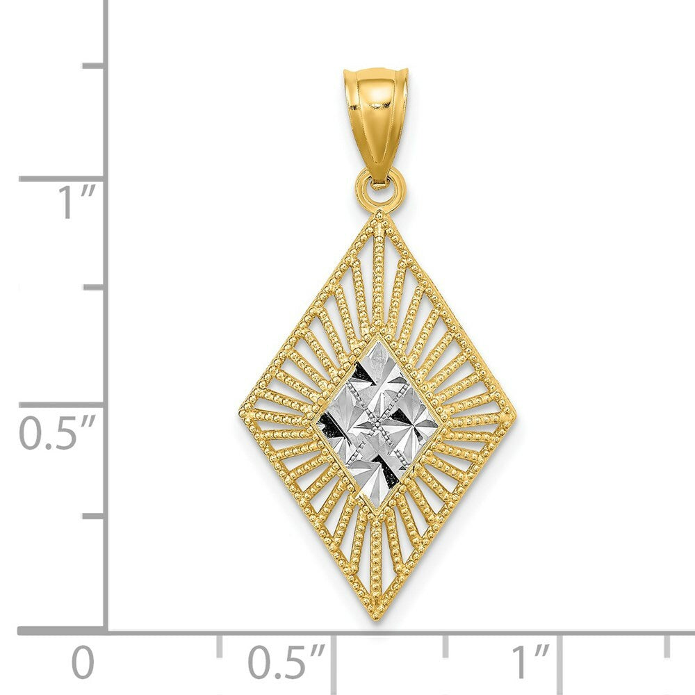 14K Yellow Gold with White Rhodium Diamond-cut Marque Diamond Shape Charm Pendant