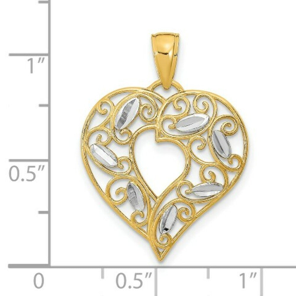 14K Yellow Gold with White Rhodium Diamond-cut Filigree Heart Charm Pendant