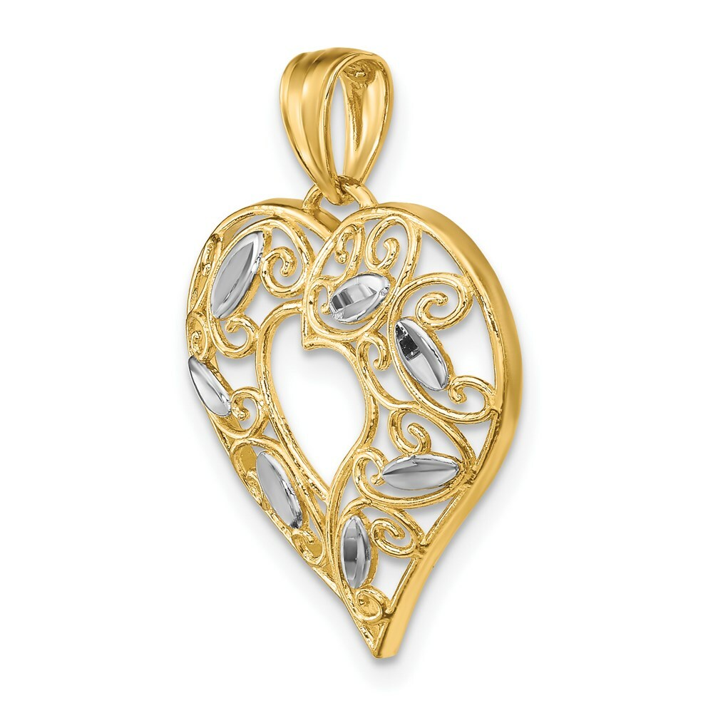 14K Yellow Gold with White Rhodium Diamond-cut Filigree Heart Charm Pendant