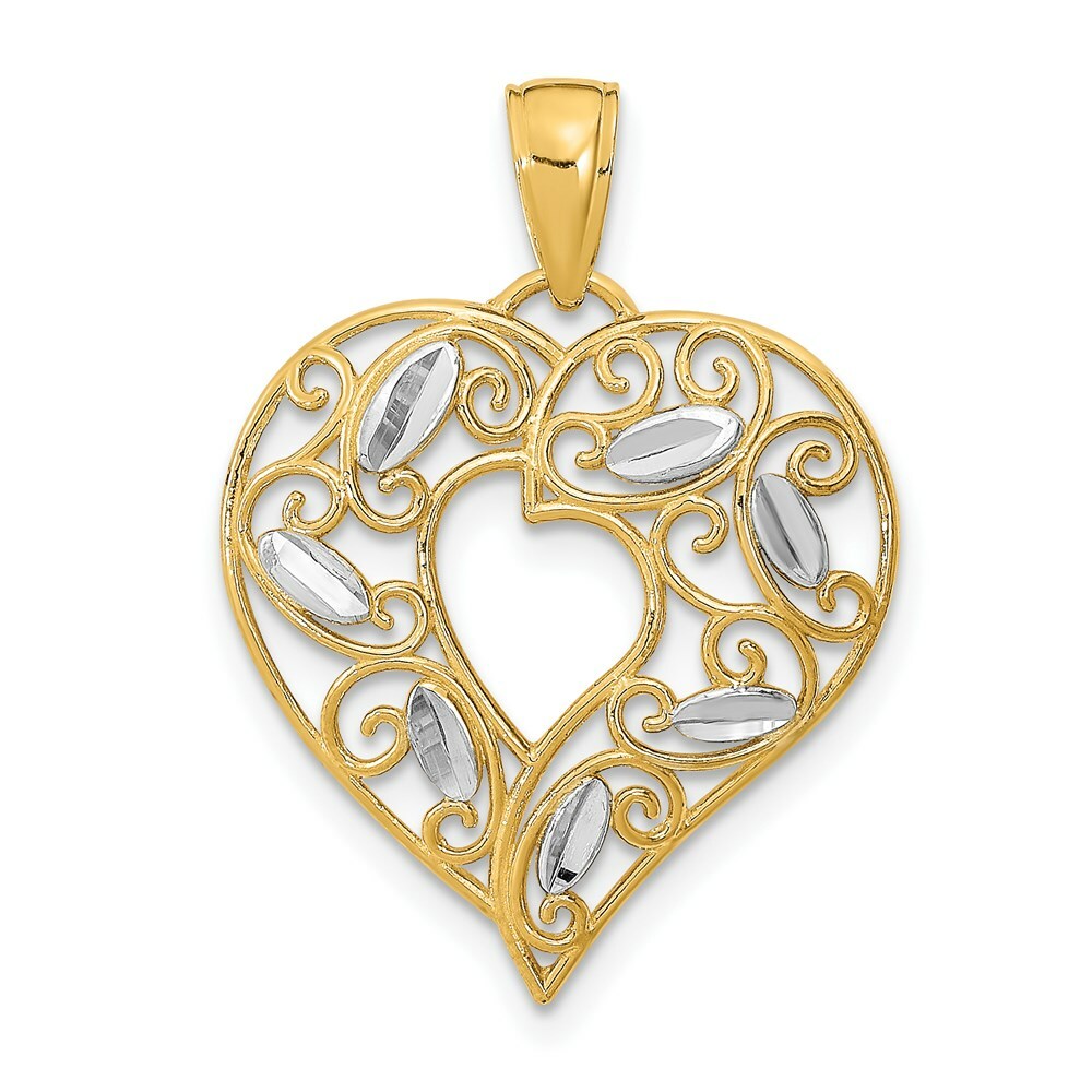 14K Yellow Gold with White Rhodium Diamond-cut Filigree Heart Charm Pendant