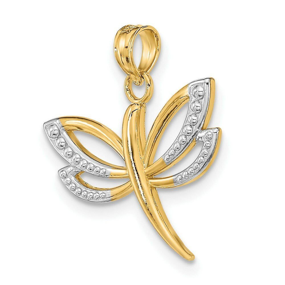 14k Yellow Gold and White Rhodium Textured Dragonfly Charm Pendant
