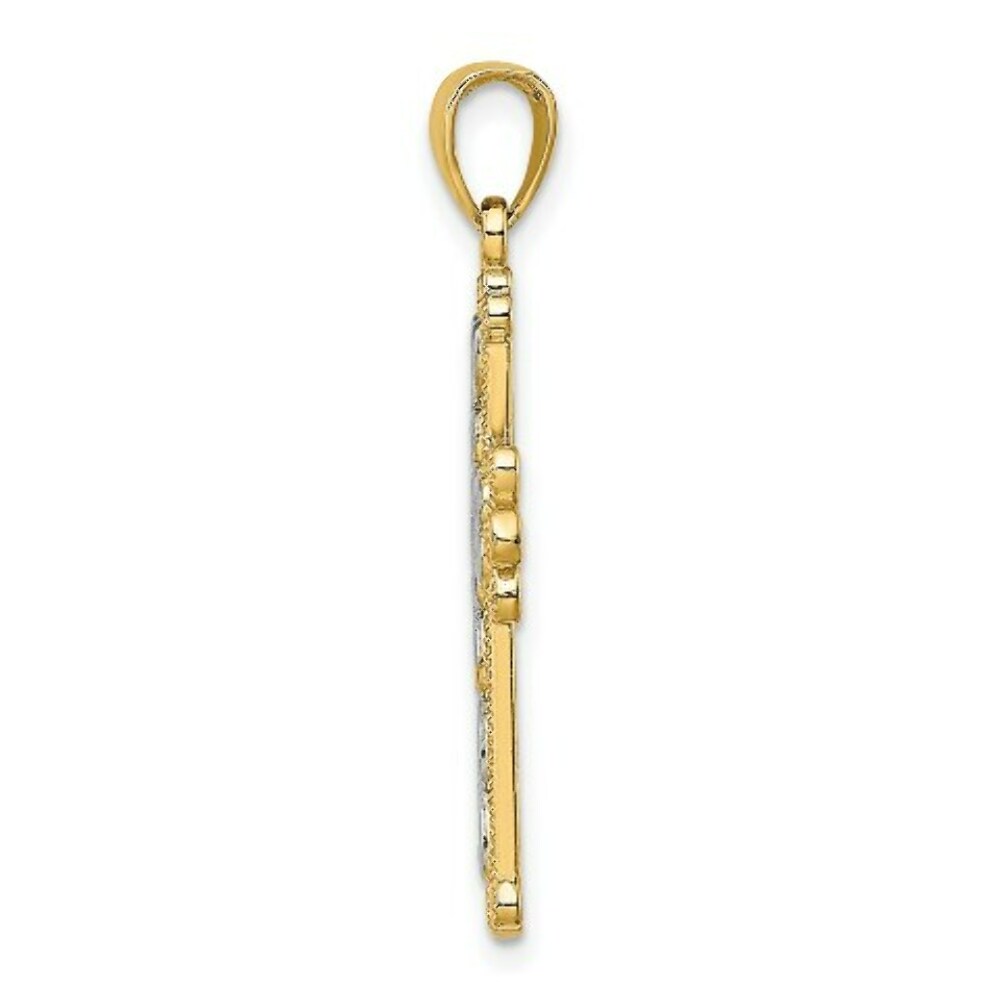 14K Yellow Gold Polished with Textured Beaded Cross Charm Pendant