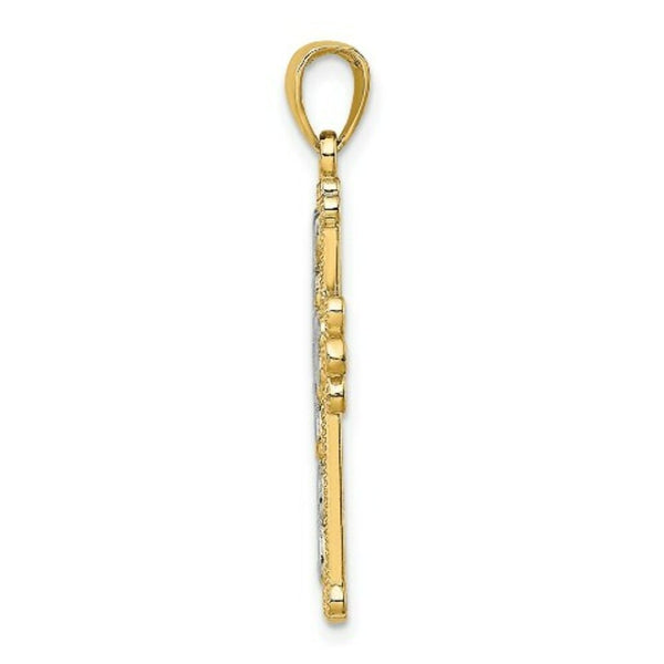 14K Yellow Gold Polished with Textured Beaded Cross Charm Pendant
