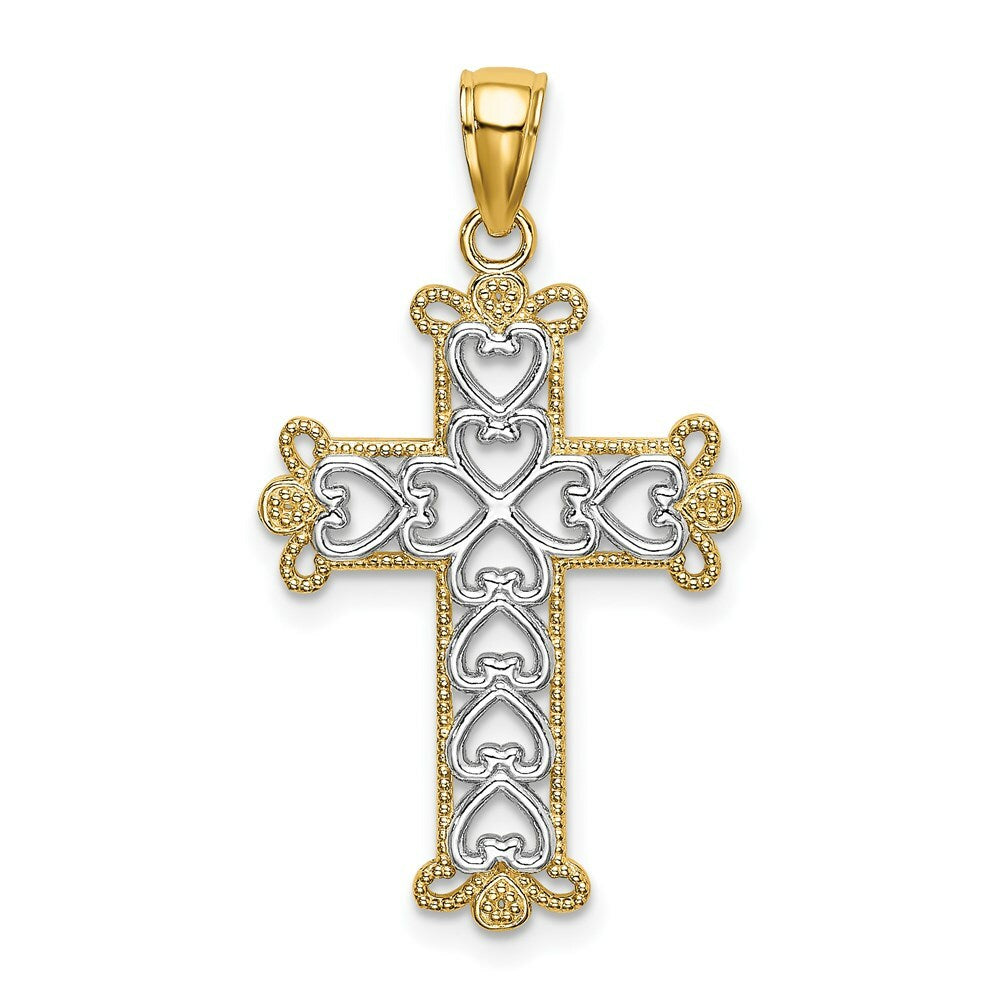 14K Yellow Gold Polished with Textured Beaded Cross Charm Pendant