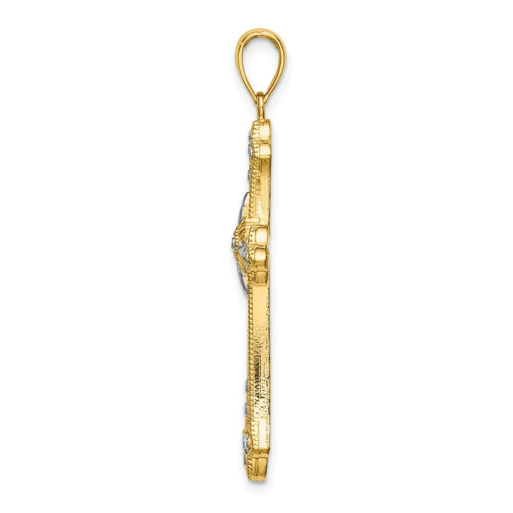 14K Yellow Gold with White Rhodium and Diamond-cut Edges Cross Charm Pendant
