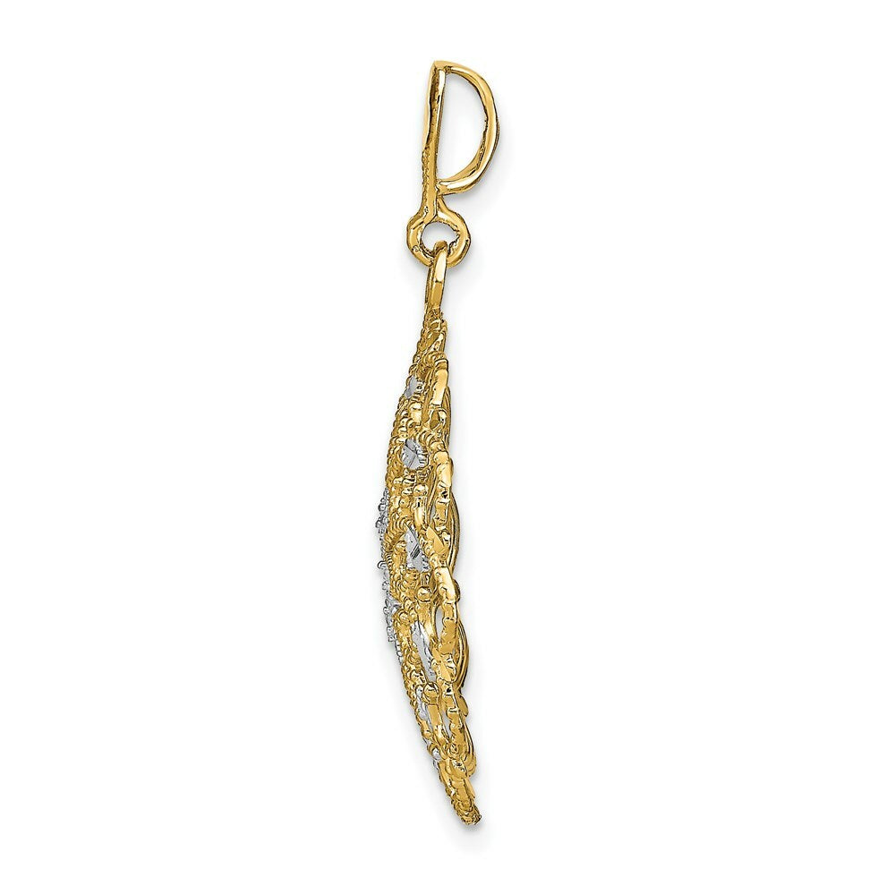 14K Yellow Gold with White Rhodium Diamond-cut Scalloped Wave Charm Pendant