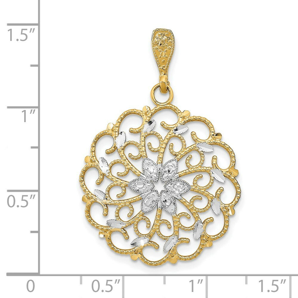 14K Yellow Gold with White Rhodium Diamond-cut Scalloped Wave Charm Pendant