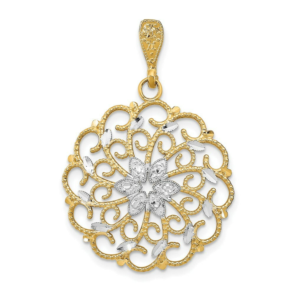14K Yellow Gold with White Rhodium Diamond-cut Scalloped Wave Charm Pendant