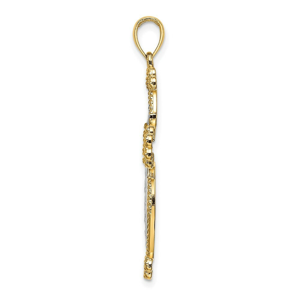 14K Yellow Gold with White Rhodium and Diamond-cut Puffed Cross Charm Pendant